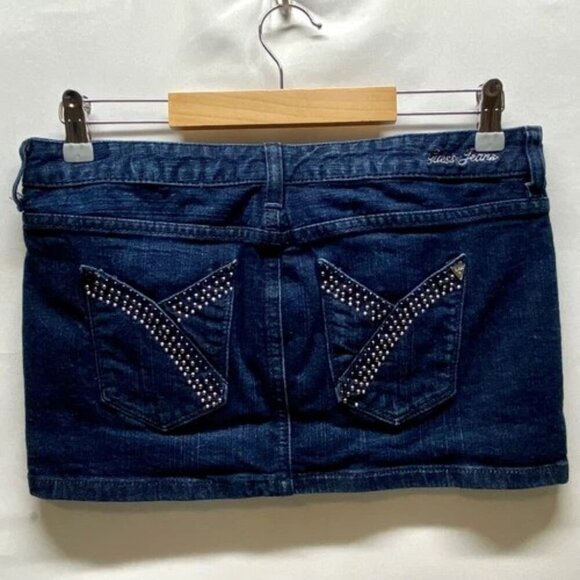 GUESS Jeans Mini Skirt Women's 29 Blue Dark Wash Denim Western Style Beaded Y2K - Picture 2 of 9
